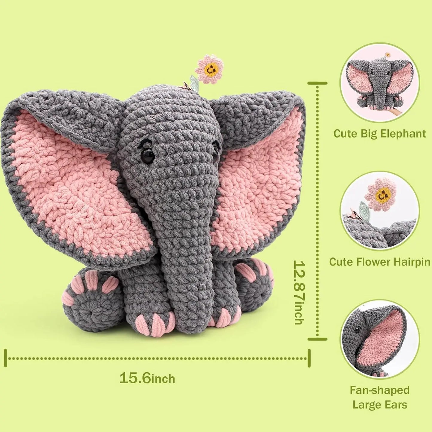 Elephant Crochet Kit - Birthday Gift for Kids & Beginners with Tools