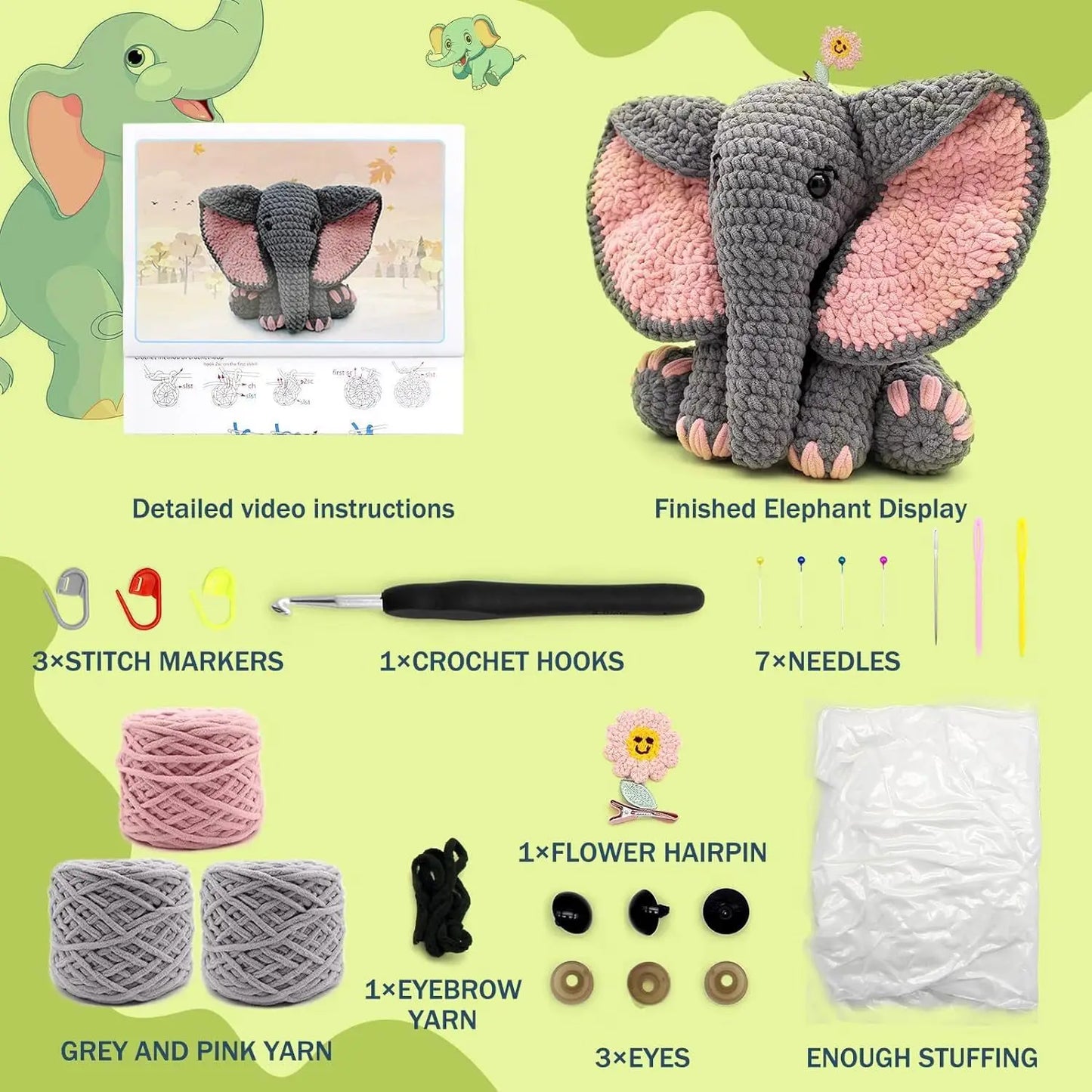 Elephant Crochet Kit - Birthday Gift for Kids & Beginners with Tools