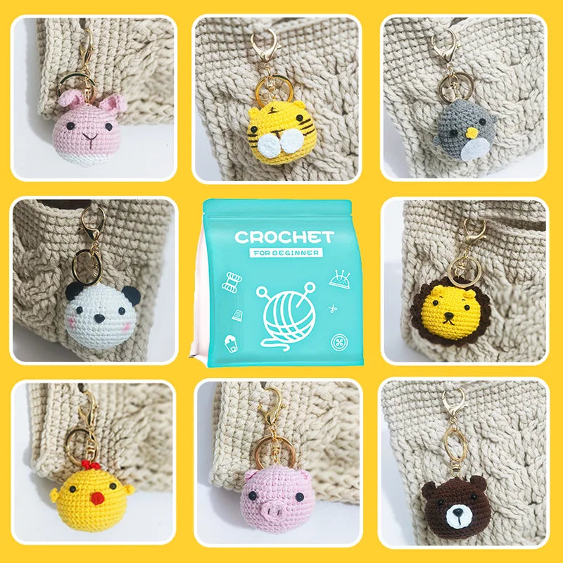 Beginner Crochet Kit 8Pcs - Cute Animal Dolls & Keychain DIY Craft