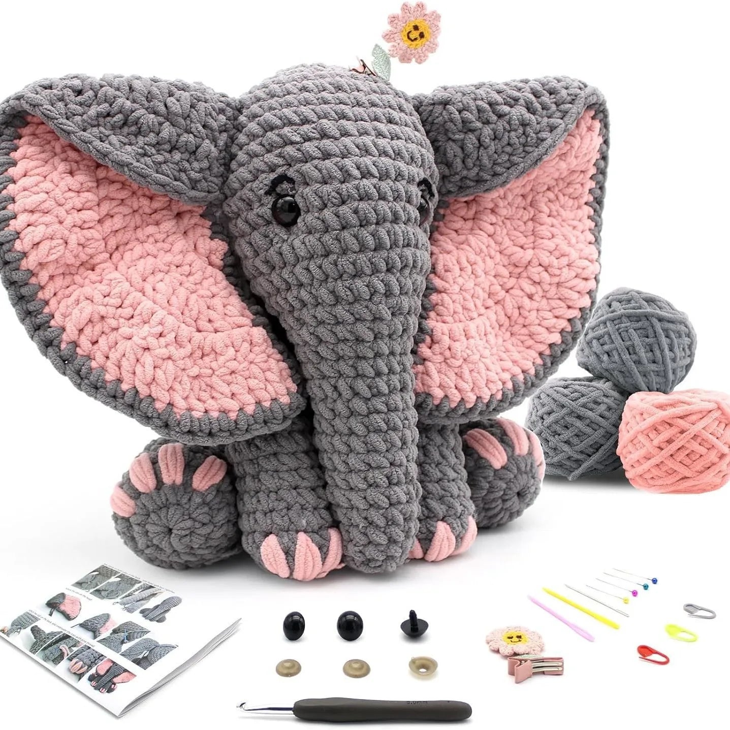 Elephant Crochet Kit - Birthday Gift for Kids & Beginners with Tools
