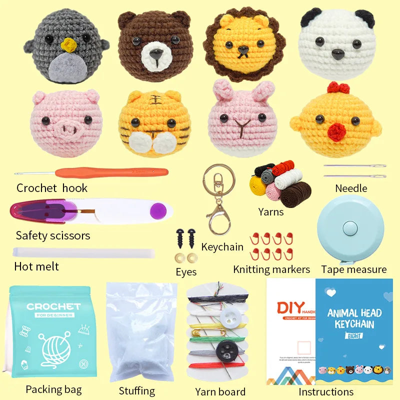 Beginner Crochet Kit 8Pcs - Cute Animal Dolls & Keychain DIY Craft