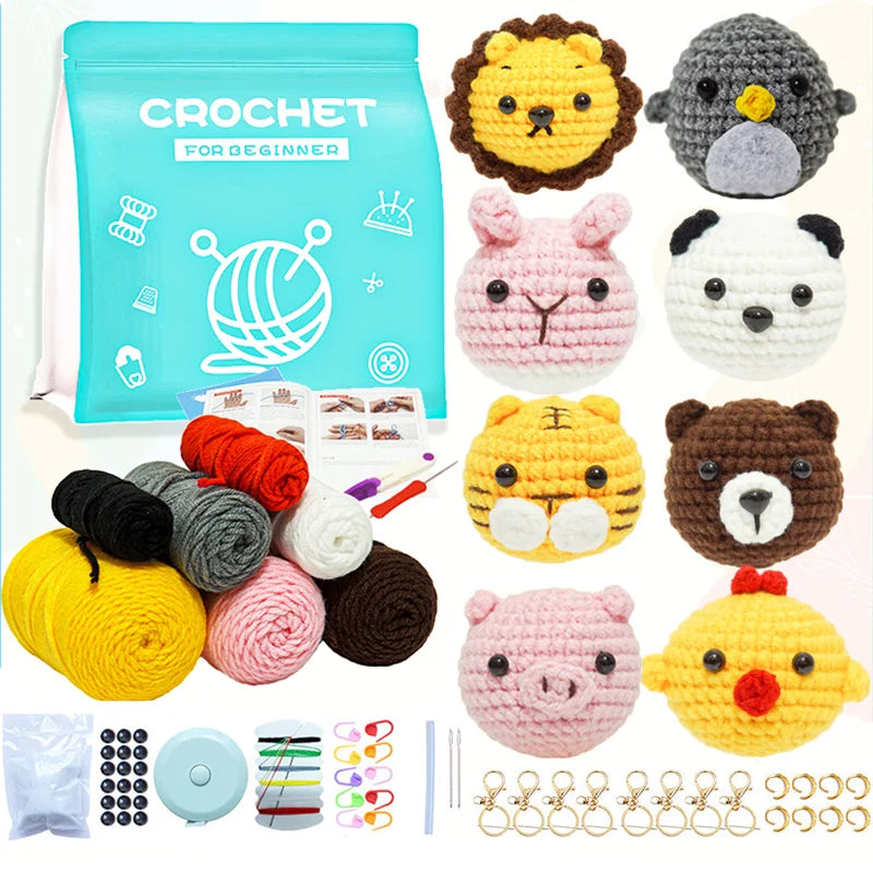 Beginner Crochet Kit 8Pcs - Cute Animal Dolls & Keychain DIY Craft
