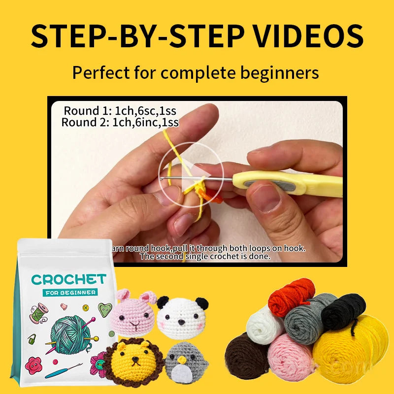 Beginner Crochet Kit 8Pcs - Cute Animal Dolls & Keychain DIY Craft