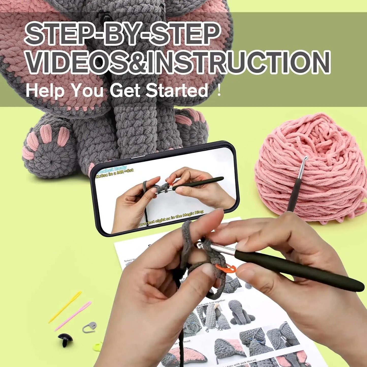 Elephant Crochet Kit - Birthday Gift for Kids & Beginners with Tools